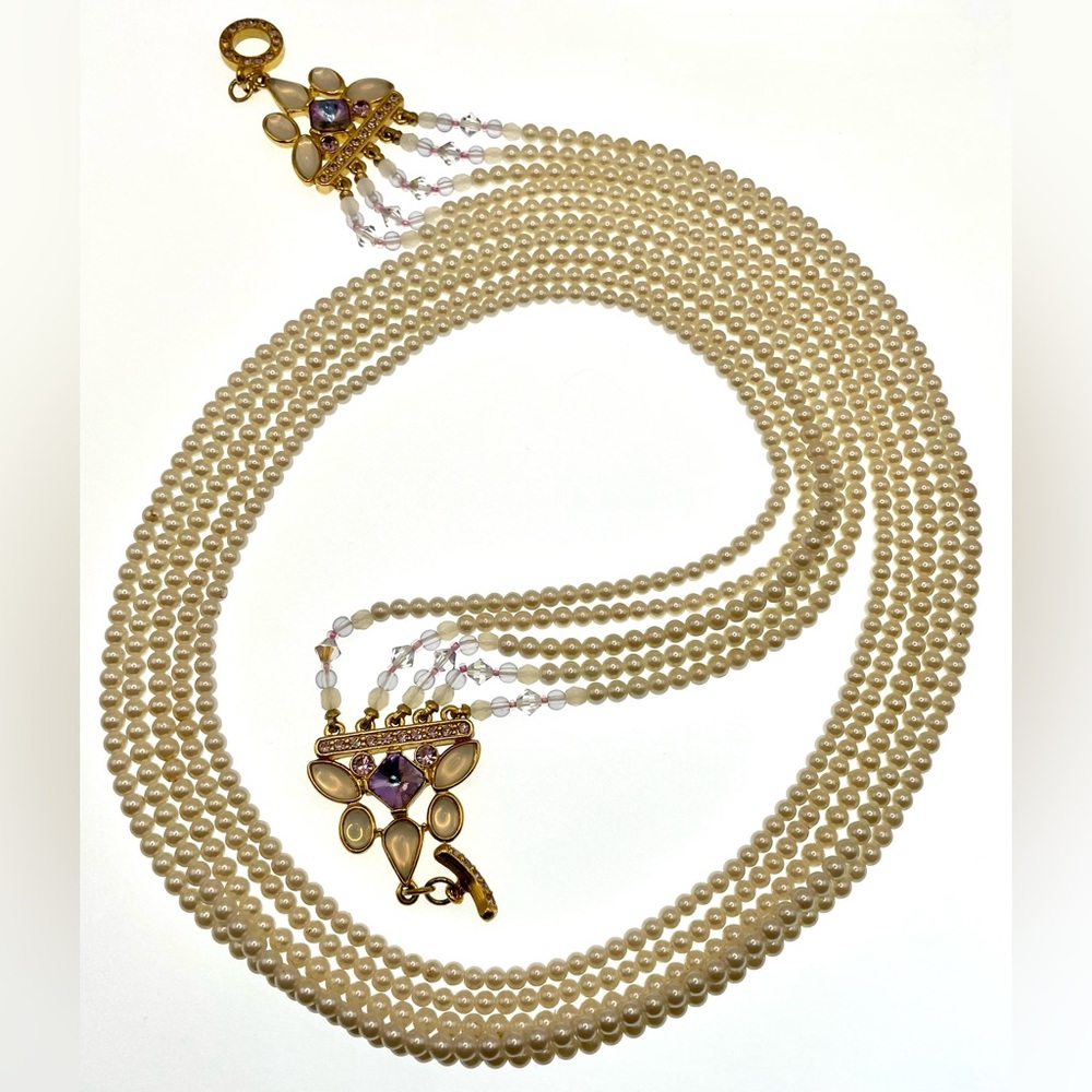 Vintage Multi Strand Faux Pearl Necklace with Crystal Beads Glass Cabochon Gems